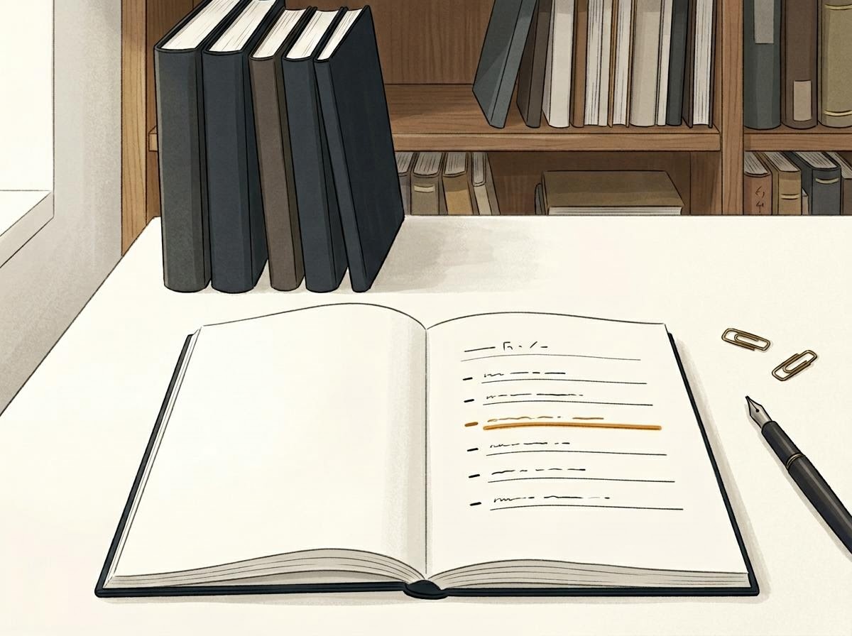 書棚に並ぶ資料と目次のアイコン