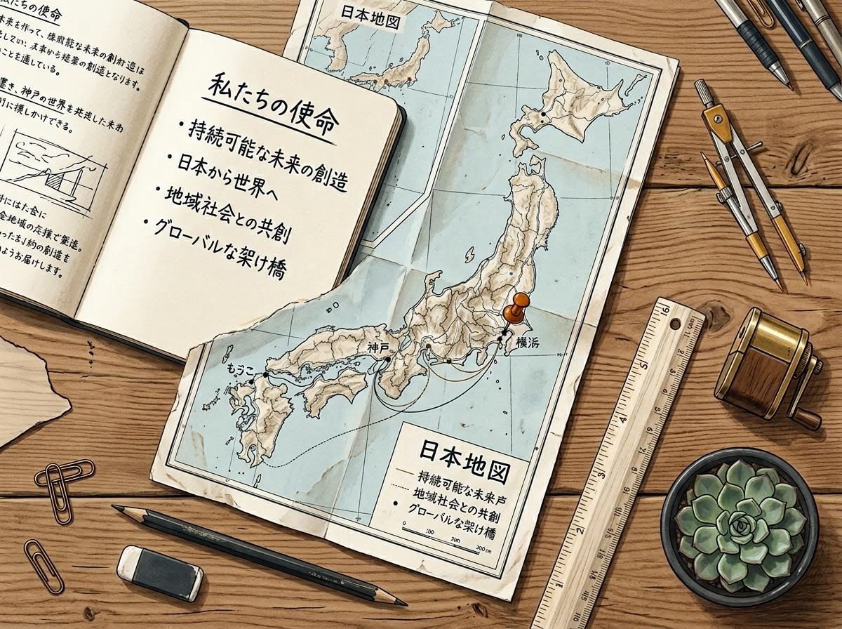 資料と筆記用具が並ぶ編集机の俯瞰イラスト